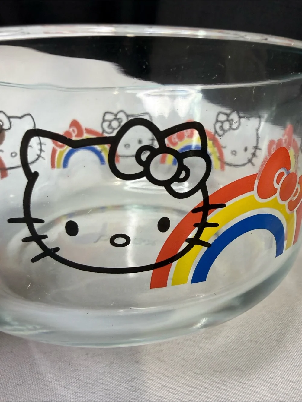 Hello Kitty  Glass Pyrex Bowl with Rainbow and Red Bow Accents 6” Diameter